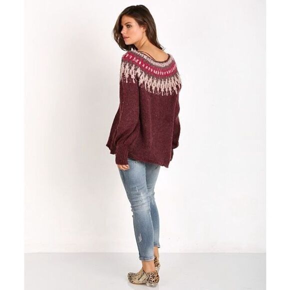 Free People Baltic Fairisle Sweater Berry Comno Wool Alpaca Blend Size XS NWOT - Picture 4 of 14